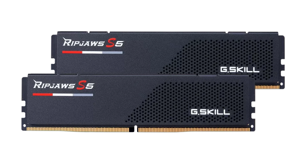 A pair of matte black G.Skill Ripjaws S5 DDR5 RAM modules with a low-profile 33mm heatspreader and minimalistic racing-stripe grill design.