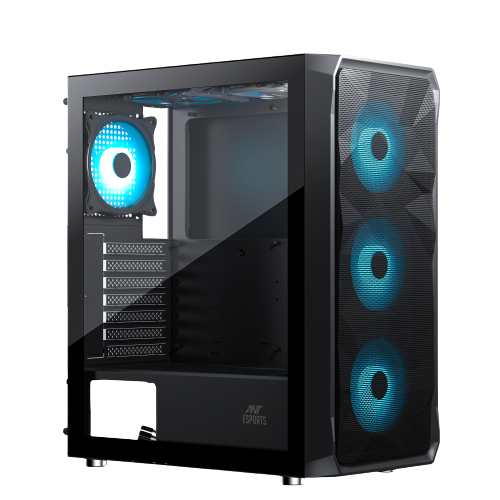 Black Ant Esports ICE-112 mid-tower PC cabinet featuring a high-airflow mesh front panel, pre-installed fans, and a tempered glass side panel for a trading PC build.