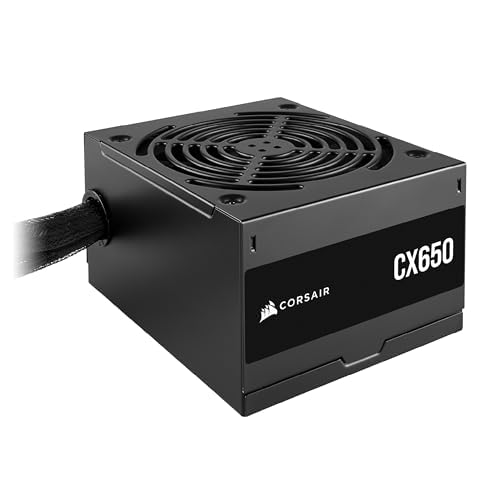 A matte black Corsair CX650 80 Plus Bronze ATX power supply unit with black sleeved cables and a thermally controlled 120mm intake fan.
