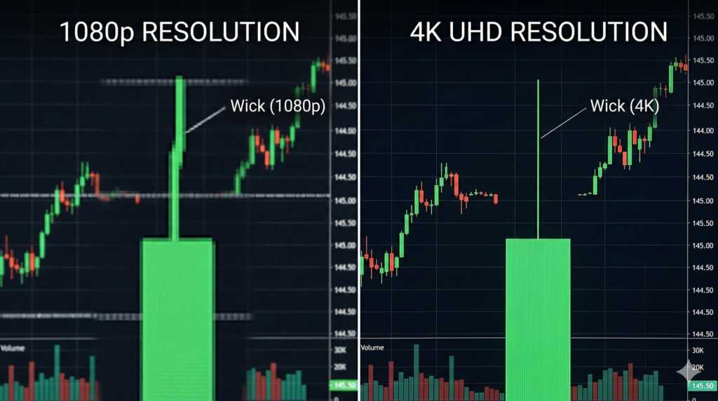 A split-screen zoom-in on a candlestick chart. On the left (1080p), the wick looks jagged; on the right (4K), it is a razor-sharp single line.