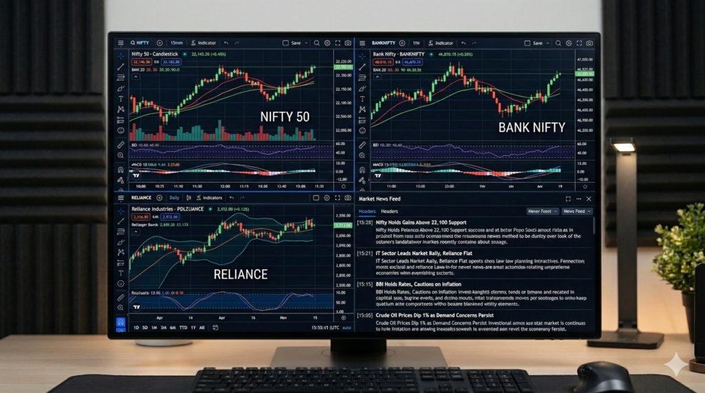A single 4K screen showing 4 different charts (E.g., Nifty, BankNifty, Reliance, and a News Feed) all open at once and perfectly readable.